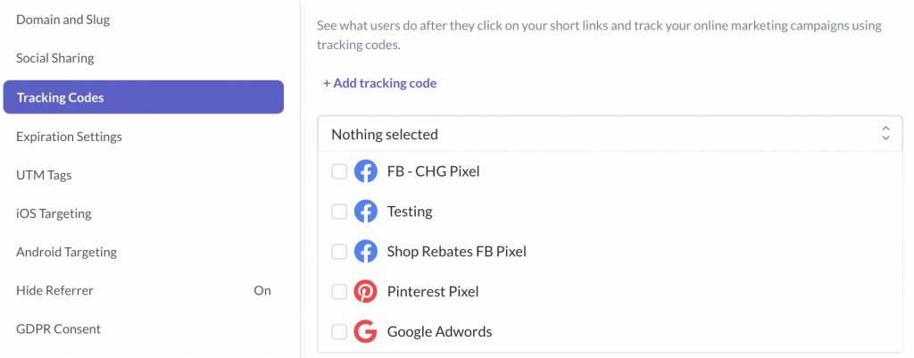 Pixelfy.me Tracking Codes that allows users to track link activity from different traffic sources.