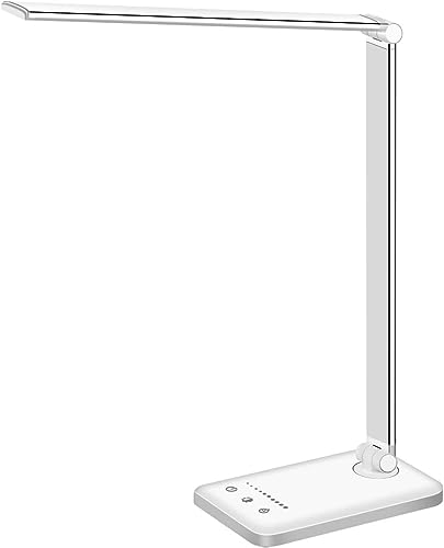 White crown LED Desk Lamp Dimmable Table Lamp Reading Lamp with USB Charging Port, 5 Lighting Modes, Sensitive Control, 30/60 Minutes Auto-Off Timer, Eye-Caring Office Lamp