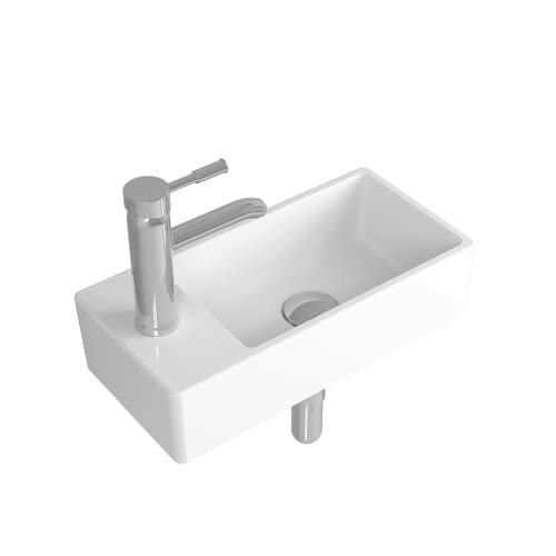 Albriya Bathroom Ceramic Washbasin and Faucet Combo White Small Sink Wall Mount Sink Corner Sink Set Chrome Pop-up Drain Included (Sink with Faucet & Drain)