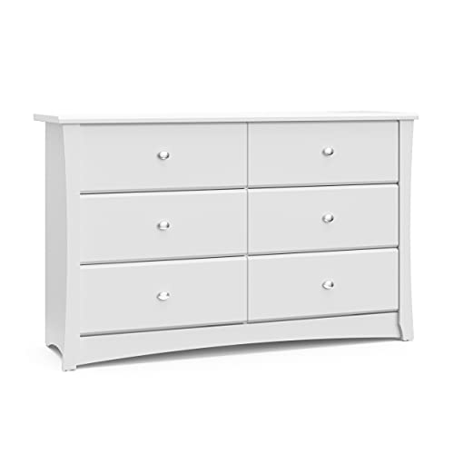 Storkcraft Crescent 6 Drawer Double Dresser (White) – GREENGUARD Gold Certified, Kids Dresser Drawer Organizer For Nursery, Chest of Drawers