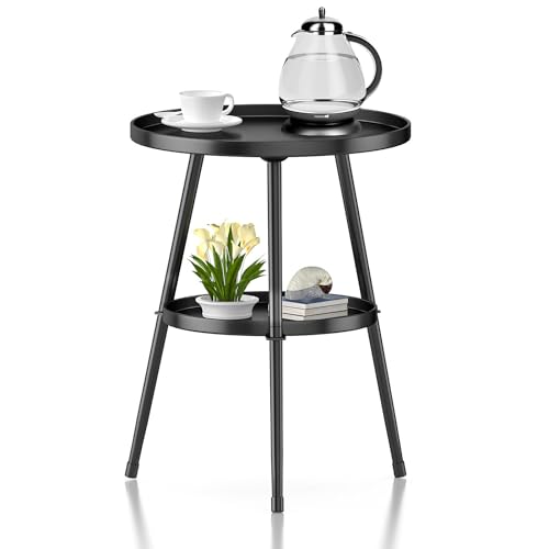 2 Tier Side Table Round Indoor Outdoor, Small Metal End Table, Mini Bedside Table for Patio, Living Room, Bedroom, Bed Side, Sofa Side, Mid Century Modern Decor for Small Spaces, Black