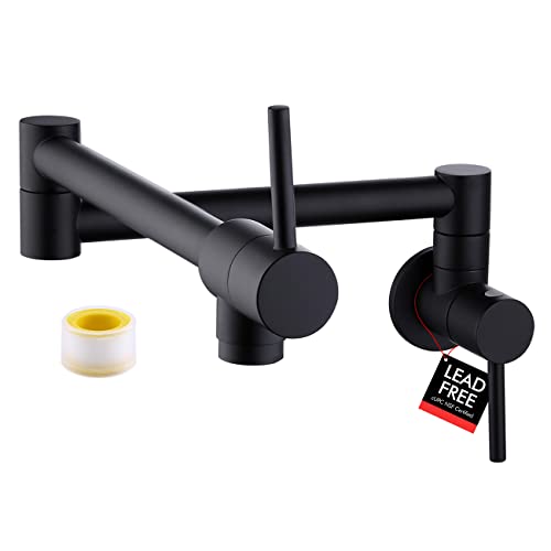 KES Pot Filler Folding Kitchen Faucet Brass Double Joint Swing Arm Sink Faucet Articulating Wall Mount Two Handle Single Hole, Matte Black, cUPC NSF Certified Lead-Free, KN926LF-BK