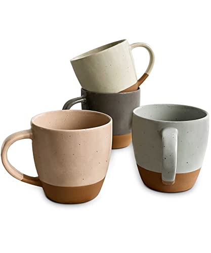 Mora Ceramic Large Latte Mug Set of 4, 16oz - Microwavable, Porcelain Coffee Cups With Big Handle - Modern, Boho, Unique Style For Any Kitchen. Microwave Safe Stoneware - Assorted Neutrals