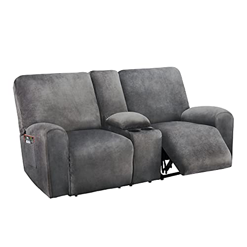 ULTICOR Reclining Loveseat with Middle Console Slipcover, 8-Piece Velvet Stretch Sofa Covers, 2 seat Loveseat Recliner Cover, Thick, Soft, Washable(Dark Grey)