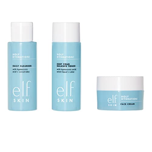 e.l.f. Skin Holy Hydration! The Essentials Mini Kit, Cleanser, Toner & Moisturizer for Hydrated & Balanced Skin, TSA-Friendly Sizes