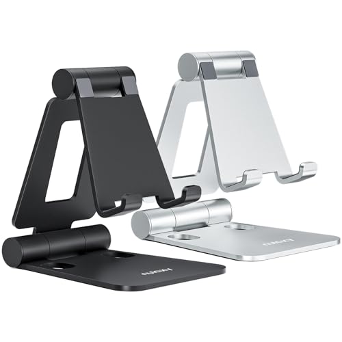 Nulaxy 2 Pack Dual Folding Cell Phone Stand, Fully Adjustable Foldable Desktop Phone Holder Cradle Dock Compatible with Phone 15 14 13 12 Pro Xs Xs Max Xr X 8, All Phones, Black & Silver