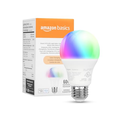 Amazon Basics - Smart A19 LED Light Bulb, 2.4 GHz Wi-Fi, 9W (Equivalent to 60W) 800LM, Works with Alexa Only, 1-Pack, Multicolor