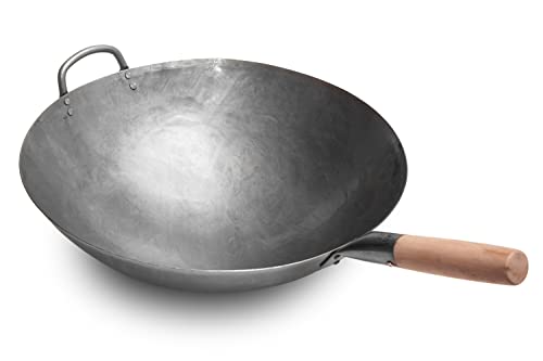 Craft Wok Big 16 Inch Heavy Hand Hammered Carbon Steel Pow Wok with Wooden and Steel Helper Handle (Round Bottom) / 731W138