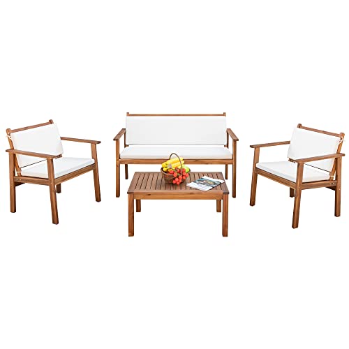 Devoko Patio Furniture 4 Piece Acacia Wood Outdoor Conversation Sofa Set with Table & Cushions Porch Chairs for Garden, Deck, Backyard, Beige