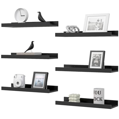 DOLLFIO Floating Shelves Set of 6, Black Wall Shelves with Lip, Display Shelves for Wall Decor, Modern Picture Ledge for Living Room, Bedroom, Nursery, Bathroom, Pictures, Books, Plants- Black