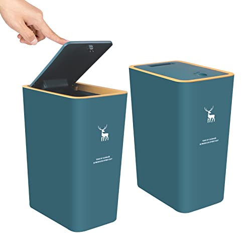 XPIY Trash Can with Lid, 2 Pack 4 Gallons/15 Liters Garbage Can with Press Top, Small Trash Can Dog Proof, Plastic Trash Bin, Waste Basket for Bathroom|Kitchen|Bedroom|Office (2, Green)