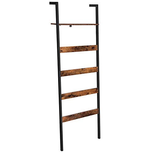 VASAGLE Blanket Ladder, Wall-Leaning Rack with Storage Shelf, for Blankets, Quilt, Towels, Scarves, Steel Frame, Industrial Style, Rustic Brown and Black ULLS012B01