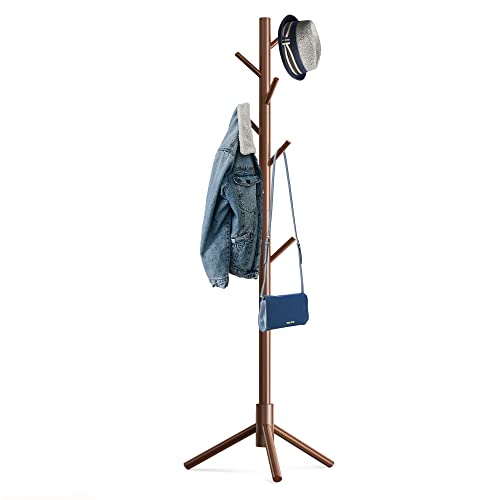 Hupmad Wooden Tree Coat Rack Stand,Sturdy Freestanding Coat Rack with 8 Hooks,3 Adjustable Height for Child Adult,Wood Coat Stand Tree Fits Entryway Bedroom Office for Bags,Hats