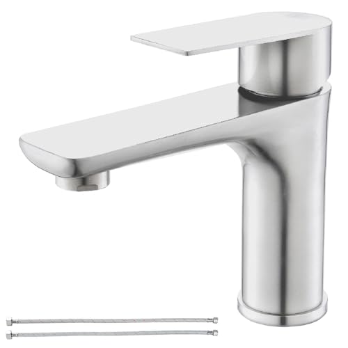 Single Hole Bathroom Faucet, Stainless Steel Bathroom Sink Faucet, Brushed Nickel Commercial Bathroom Faucets,Single Handle Bathroom Sink Faucet with Supply Lines, BF019L