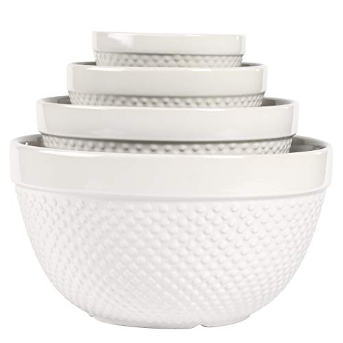 Tabletops Gallery Hobnail Style 4 Piece Classic White Stoneware Nesting Mixing Bowl Set for Baking and Cooking