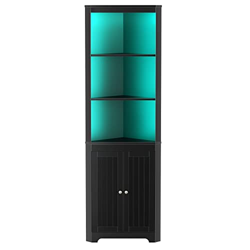 Rolanstar Corner Shelf with LED Light, Black Corner Cabinet, 5-Tier Storage Cabinet with Doors, Tall Corner Bookshelf Corner Stand for Living Room, Laundry Room, Kitchen, Bar, Small Space