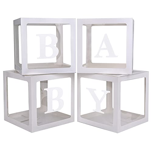 PABUES Baby Boxes with 4 PCS Letters for Baby Shower White Clear Balloon Box Blocks Gender Reveal Decorations and Birthday Party