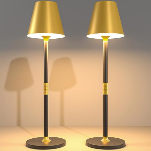 Modern LED CordlessTable Lamp,4000mAh Rechargeable Battery Desk lamp,3 Level Brightness Kitchen Light, Portable,Minimalist Design, for Couple Dinner/Coffee Table/Restaurant/Bedroom(Gold&Black 2pack)