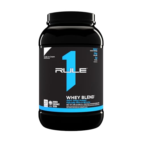 Rule 1 R1 Whey Blend, Vanilla Ice Cream - 1.96 lbs Powder - 24g Whey Concentrates, Isolates & Hydrolysates with Naturally Occurring EAAs & BCAAs - 27 Servings