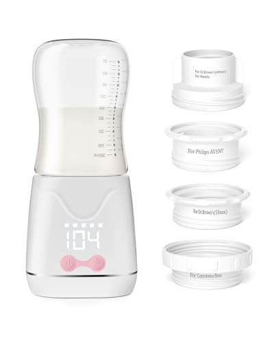 Portable Bottle Warmer, w-maxa Fast Baby Bottle Warmer for Travel with Glass Bottle & 4 Adapters, Rechargeable Bottle Warmer On The Go with Precise Temperature Control for Breastmilk, Formula