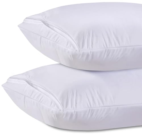 White Classic Luxury Hotel Collection Zippered Style Pillow Cover, 200 Thread Count, Soft Quiet Zippered Pillow Protectors, Standard Size, Set of 2