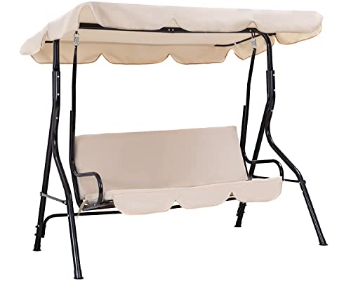 Outdoor Swing Patio Swing with Canopy Backyard Outdoor Swing Chair with Removable Cushions Adjustable Tilt Canopy Comfortable Armrests Stable Frame for Patio Outdoor Garden Backyard (Beige)