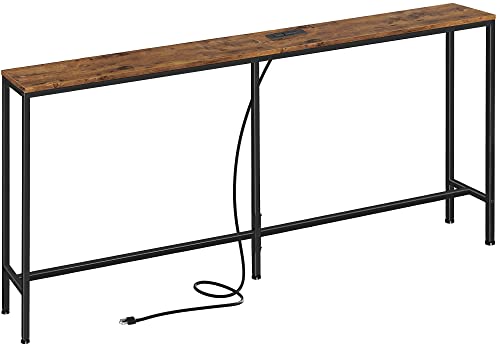 SUPERJARE 70 Inch Console Table with Outlet, Sofa Table with Charging Station, Narrow Entryway Table, Skinny Hallway Table, Behind Couch Table, for Living Room - Rustic Brown