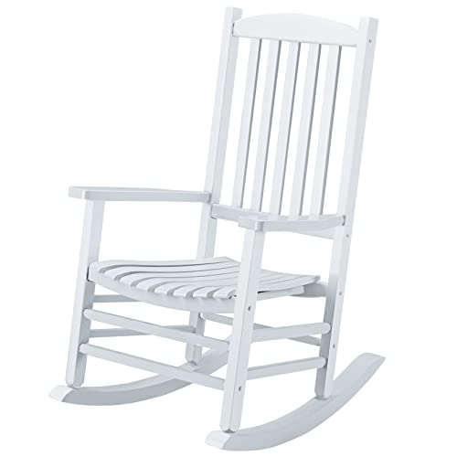 Hupmad Wooden Rocking Chair Rocker Outdoor Oversized Porch Rocker Chair,Patio Wooden Rocker with High Back and Armrest,All Weather Rocker Slatted for Backyard,Garden,400 lbs Support,White