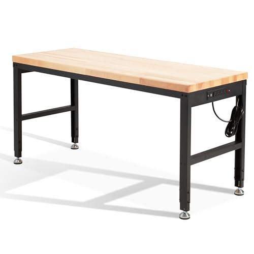 HABUTWAY Height Adjustable Workbench 60“ 2000 Lbs Capacity Oak Wood Work Station Heavy-Duty Work Benches with Power Outlets for Garage Party Shop Office (60 INCH Black)