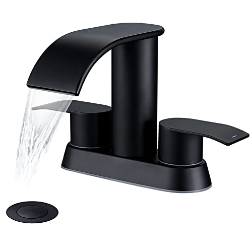 Ultimate Unicorn Waterfall Bathroom Sink Faucet Matte Black, Two Handles Bathroom Faucet with Metal Pop up Sink Drain Stopper, 2 or 3 Holes Bathroom Basin Lavatory Mixer Tap with Deck Mount Plate