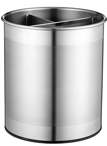 FineDine Rotating Utensil Crock with Weighted Base for Stability, Stainless Steel Utensil Caddy with Removable Divider, Brushed Stainless Steel