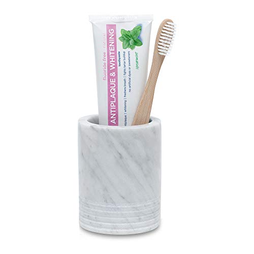 JIMEI Natural Marble SPA Collection Tumbler Toothbrush Holder Makeup Brush Holder Bathroom Countertop Organizer