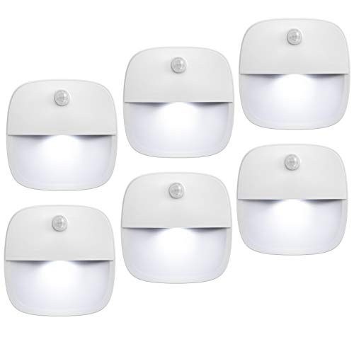 AMIR Upgraded Motion Sensor Light, Cordless Battery-Powered LED Night Light, Wall Light, Closet Lights, Safe Lights for Stairs, Hallway, Bathroom, Kitchen, Cabinet (White - Pack of 6)