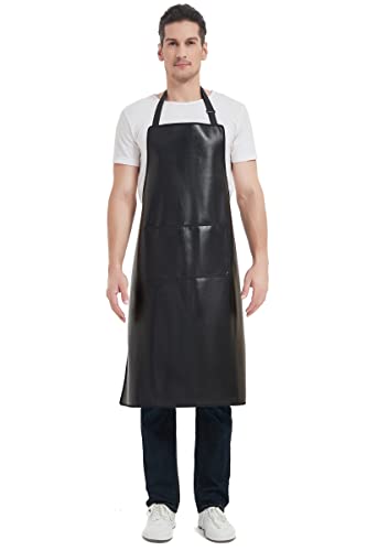 FunChaos Black Waterproof Apron, Heavy Duty Work Apron, Artificial Leather Apron Ideal for Chef, Butcher, Barber, DishWashing, Cleaning, Dog Grooming (Plus Size)