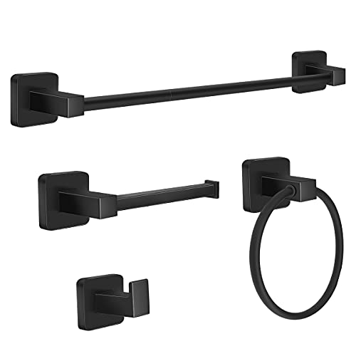 DEGULAS Bathroom Hardware Set 4 Pieces, Matte Black Towel Bar Set, Includes 24In Towel Bar, Towel Ring, Robe Towel Hooks,Toilet Paper Holder, Bathroom Towel Rack Set