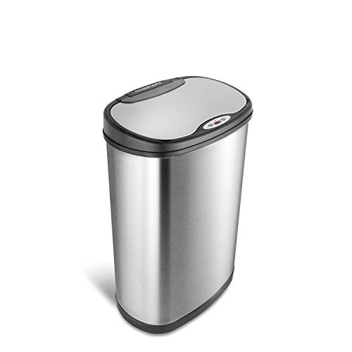 NINESTARS DZT-50-13 Automatic Touchless Motion Sensor Oval Trash Can with Black Top, 13 gallon/50 L, Stainless Steel