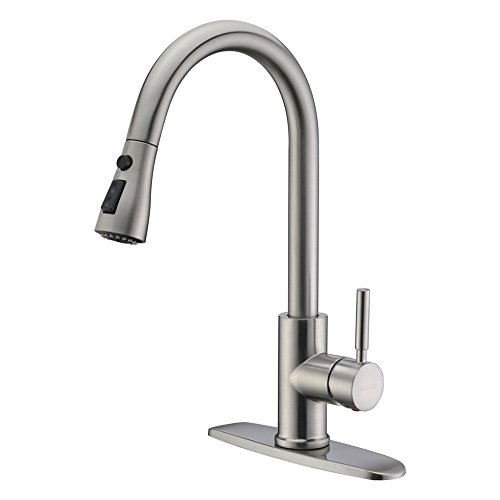 WEWE Single Handle High Arc Brushed Nickel Pull Out Kitchen Faucet,Single Level Stainless Steel Kitchen Sink Faucets with Pull Down Sprayer