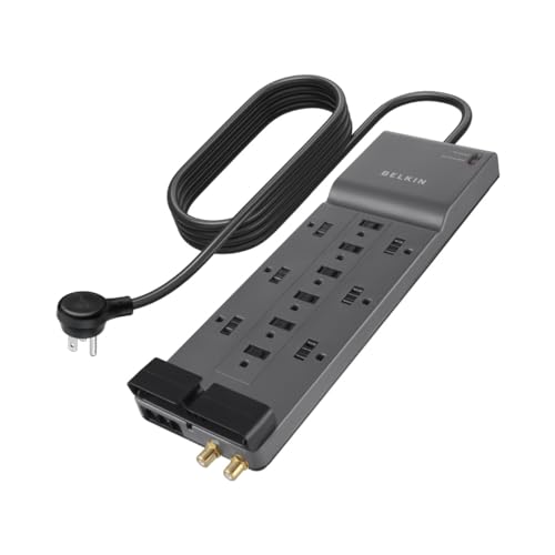 Belkin Power Strip Surge Protector - 12 AC Multiple Outlets & 8 ft Long Flat Plug Heavy Duty Extension Cord for Home, Office, Travel, Computer Desktop, Laptop & Phone Charging Brick (3,940 Joules)