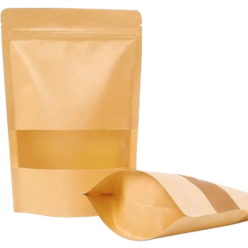 Moretoes 72pcs Stand Up Pouches Packaging Bags 5.9×8.6 Inches Resealable Bags, Kraft Paper Bags with Window, Coffee Bags, Brown, Ziplock Stand Up Bags for Home or Business, Sealable Bags for Packaging
