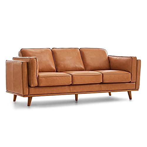 Valencia Artisan Modern Top Grain Leather Sofa with Wooden Base, Cognac Color