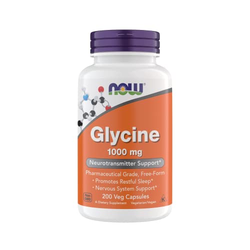 NOW Foods Glycine 1000mg, Free-Form Pharmaceutical Grade, Neurotransmitter Support*, Promotes restful Sleep*, Gluten Free, Vegan, Kosher 200 Vegetarian Capsules (Pack of 1)