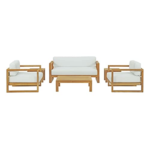 Modway Upland Teak Wood Outdoor Patio 6-Piece Sectional Sofa Set with Cushions in Natural White