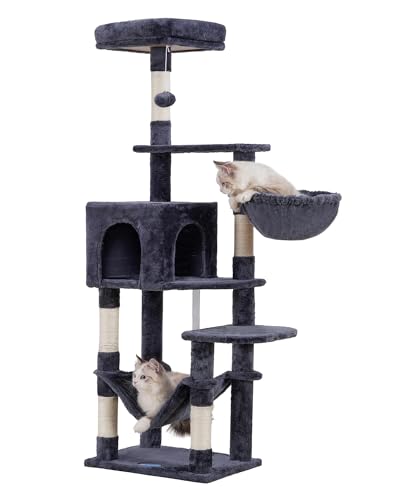 Hey-brother Cat Tree with Large Hammock, Multi-Level Cat Tower for Indoor Cats, Cat Condo with Sisal-Covered Scratching Posts and Top Perch, Smoky Gray MPJ050G