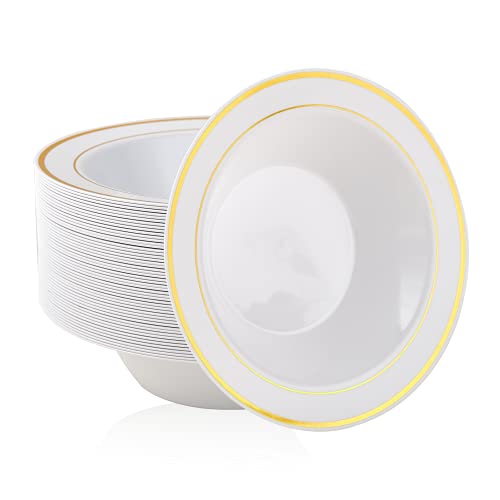 JOLLY PARTY 50PCS Plastic Bowls with Gold Rim-12oz disposable Soup Bowls, Christmas Thanksgiving Premium Dessert Salad Bowls for Wedding/Party