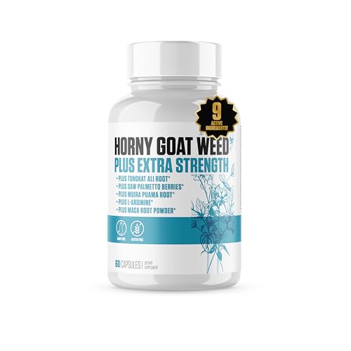 Horny Goat Weed Plus Extra Strength | #1 Rated Horny Goat Weed Supplement Pills w/Tongkat Ali, Maca Root, L-Arginine + 5 More | Increase Drive, Stamina, Blood Flow & Mood for Men - 60 Capsules