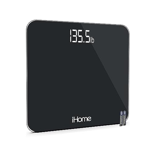 iHome Digital Scale Step-On Bathroom Scale - iHome High Precision Body Weight Scale - 400 lbs, Battery Powered with LED Display - Batteries Included -Great for Home Gym (Black)