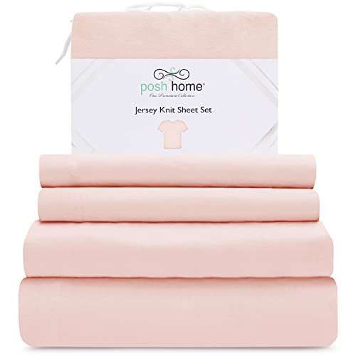 Posh Home Jersey Knit Sheet Set – 4-Piece Jersey Bed Sheets – T-Shirt Breathable & Soft Cotton Jersey Sheets - Includes Flat Sheet, Jersey Fitted Sheet, & 2 Pillowcases - Queen Jersey Sheets, Blush