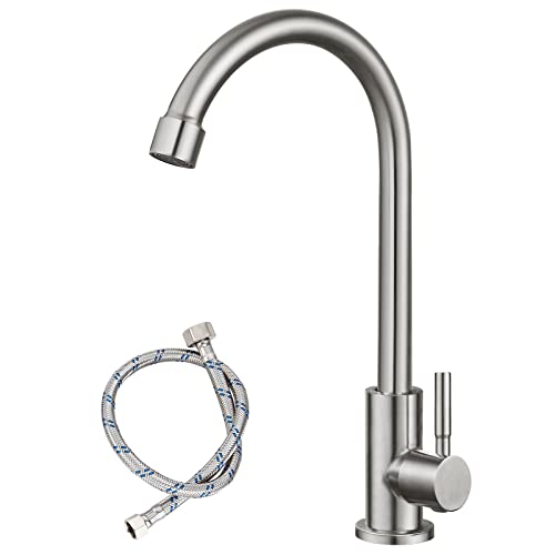 Heyalan Brushed Nickel Kitchen Faucet Cold Water Only 1 Hole Single Handle 360 Degree Swivel Spout Deck Mount High Arc SUS304 Sink Bar Tap Goose Neck with Hose and Longer Thread Pipe