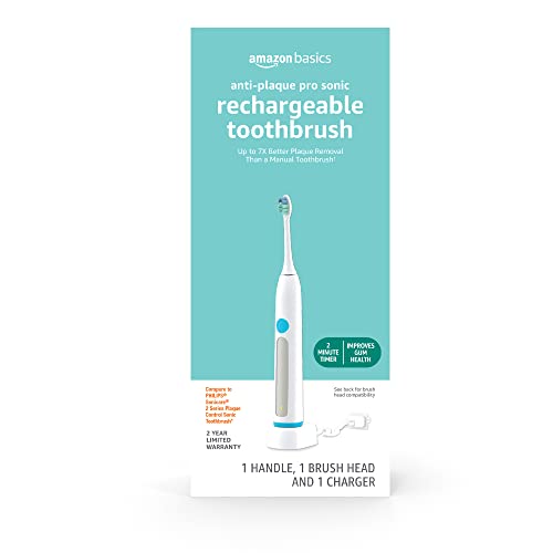 Amazon Basics Anti-Plaque Pro Sonic Rechargeable Toothbrush with Charger, White (Previously Solimo)