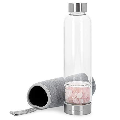 Navaris Crystal Water Bottle - 14oz Glass Gemstone Drink Bottle with Loose Natural Gem Stones - Available with Rose Quartz, Obsidian, or Amethyst